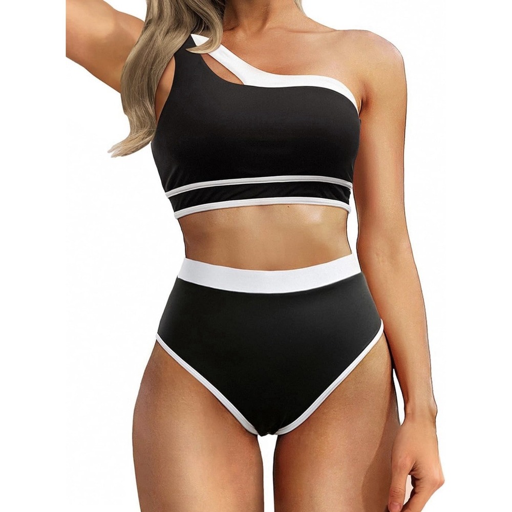 Black White One‎ Shoulder Bikini Set High Cut Bottom Minimal Sporty Swimwear XL